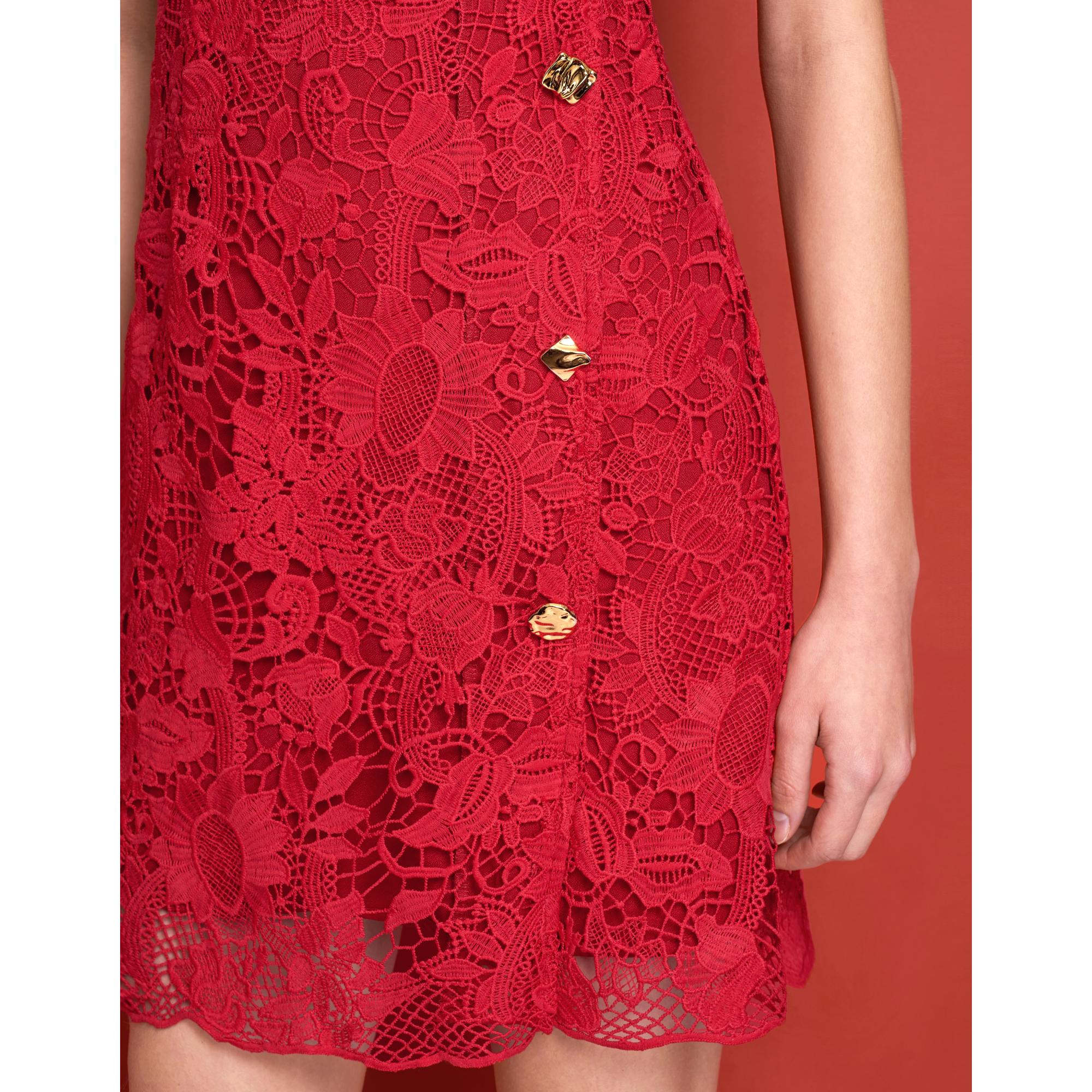 U-neck Button Detail Lace Dress - Red