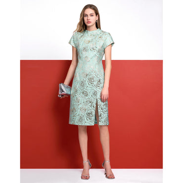 Mandarin Knot Detail Slit Hem Jacquard Dress - Light Blue