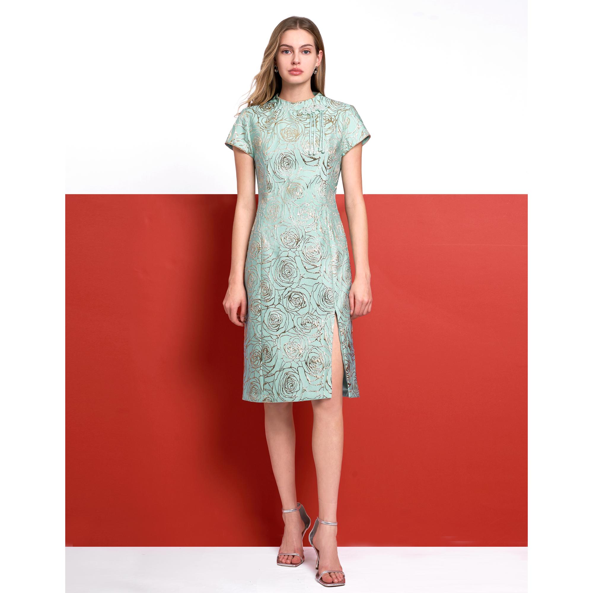 Mandarin Knot Detail Slit Hem Jacquard Dress - Light Blue