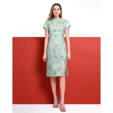Mandarin Knot Detail Slit Hem Jacquard Dress - Light Blue
