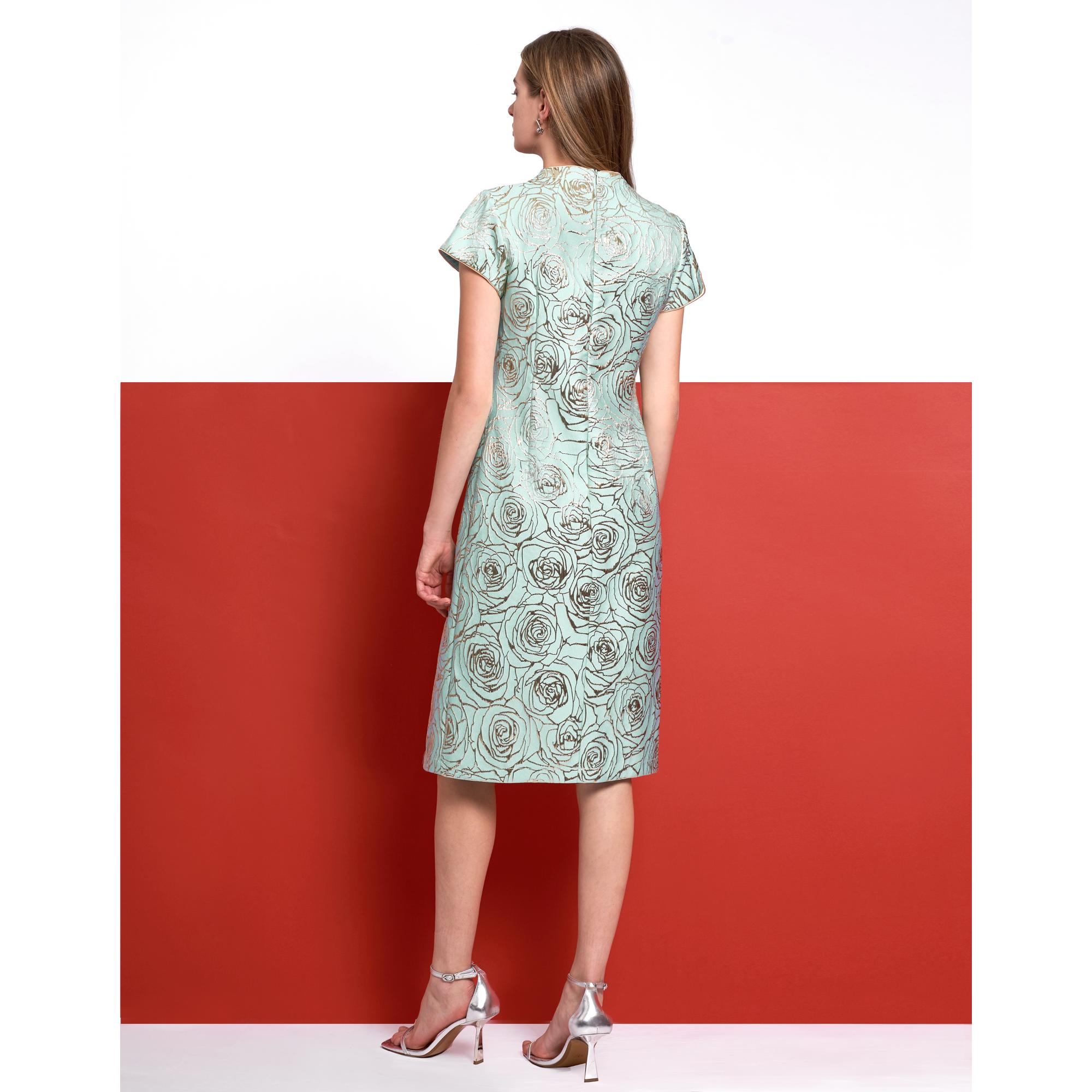 Mandarin Knot Detail Slit Hem Jacquard Dress - Light Blue