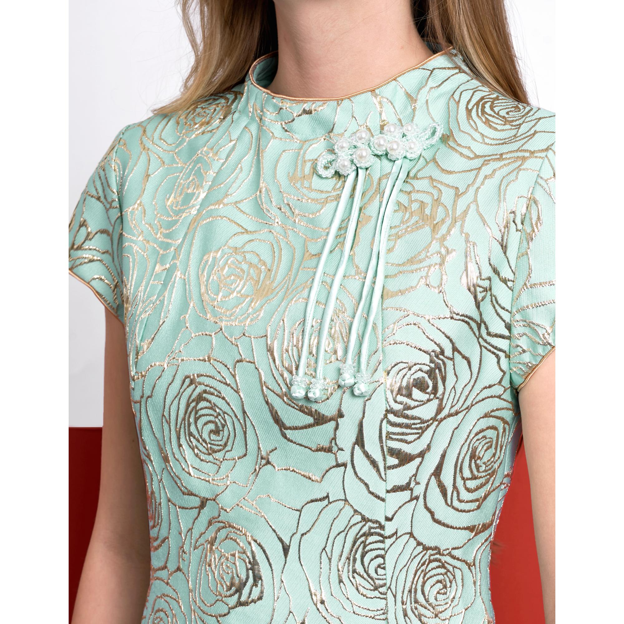Mandarin Knot Detail Slit Hem Jacquard Dress - Light Blue