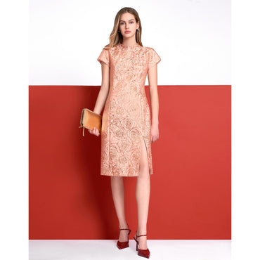 Mandarin Knot Detail Slit Hem Jacquard Dress - Pink