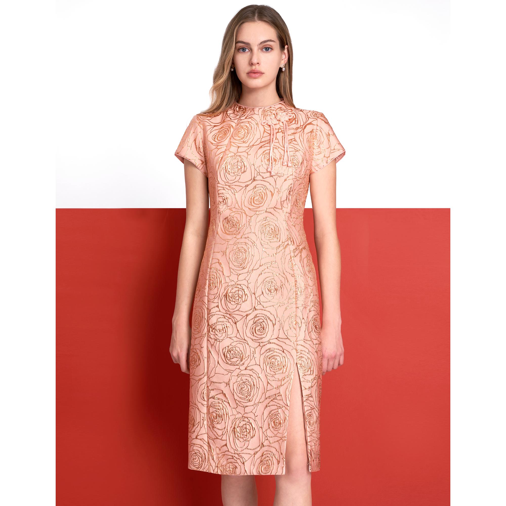 Mandarin Knot Detail Slit Hem Jacquard Dress - Pink