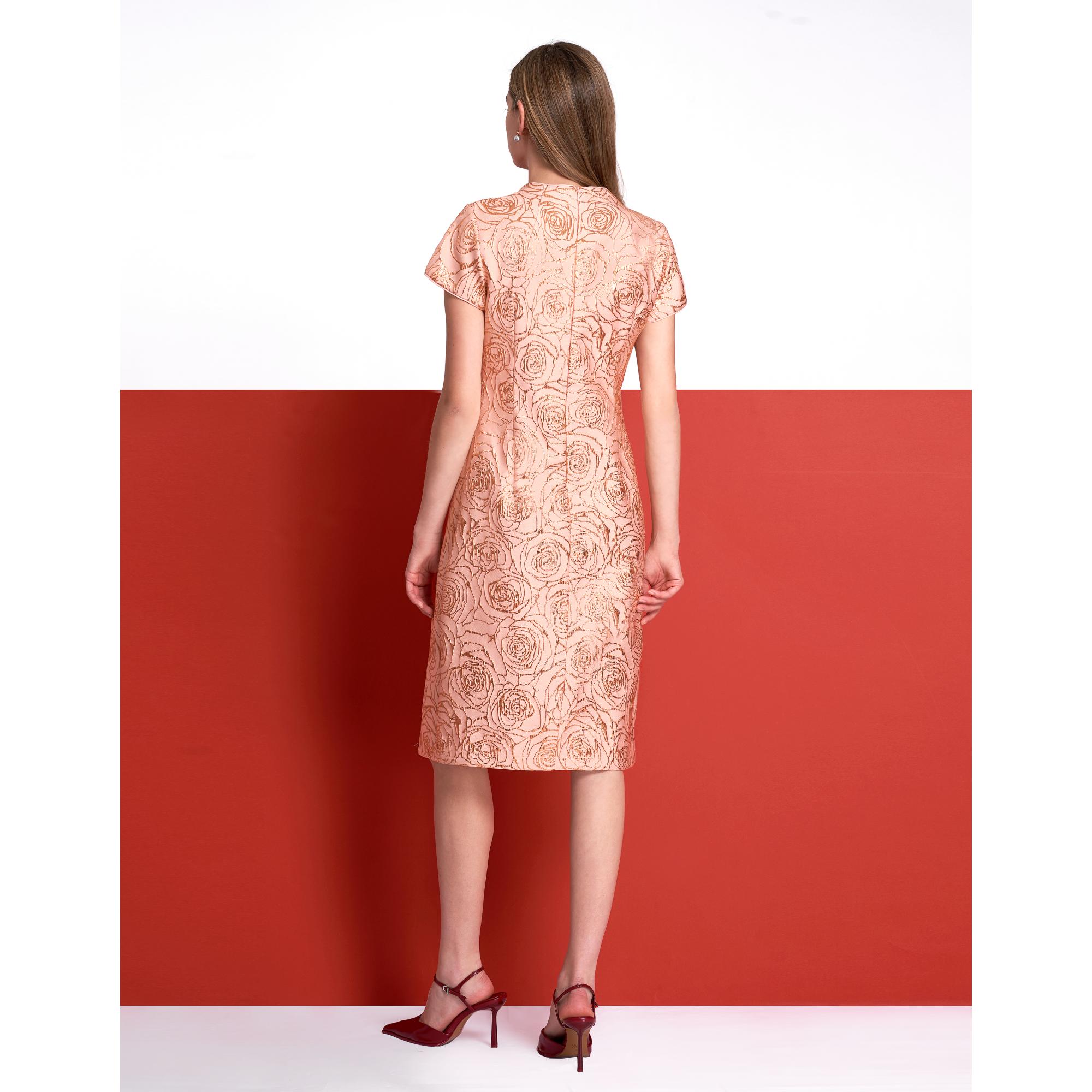 Mandarin Knot Detail Slit Hem Jacquard Dress - Pink