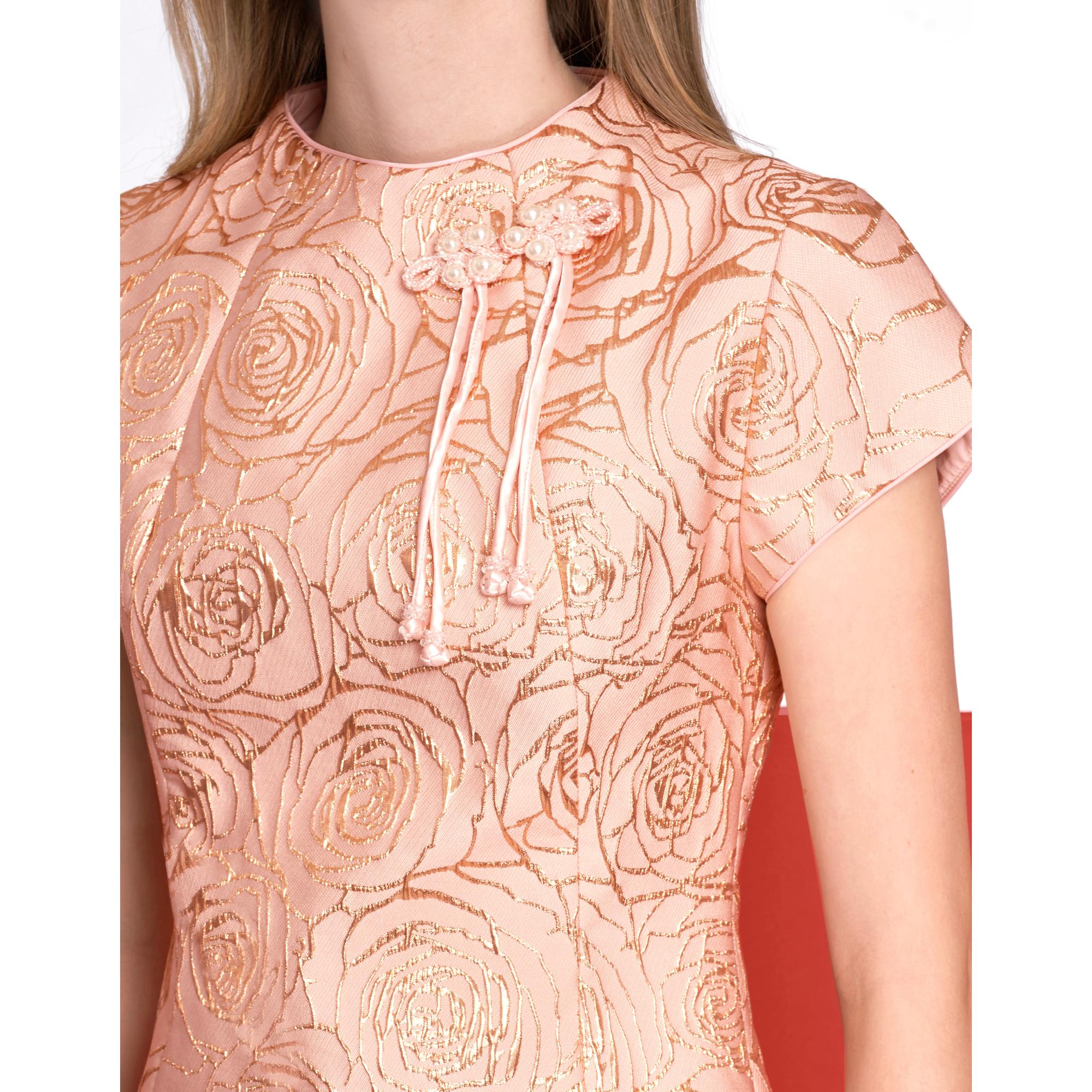 Mandarin Knot Detail Slit Hem Jacquard Dress - Pink