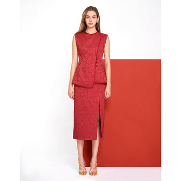 Slit Hem Jacquard Midi Skirt - Red