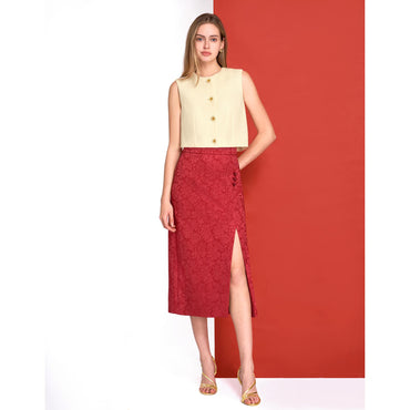 Slit Hem Jacquard Midi Skirt - Red