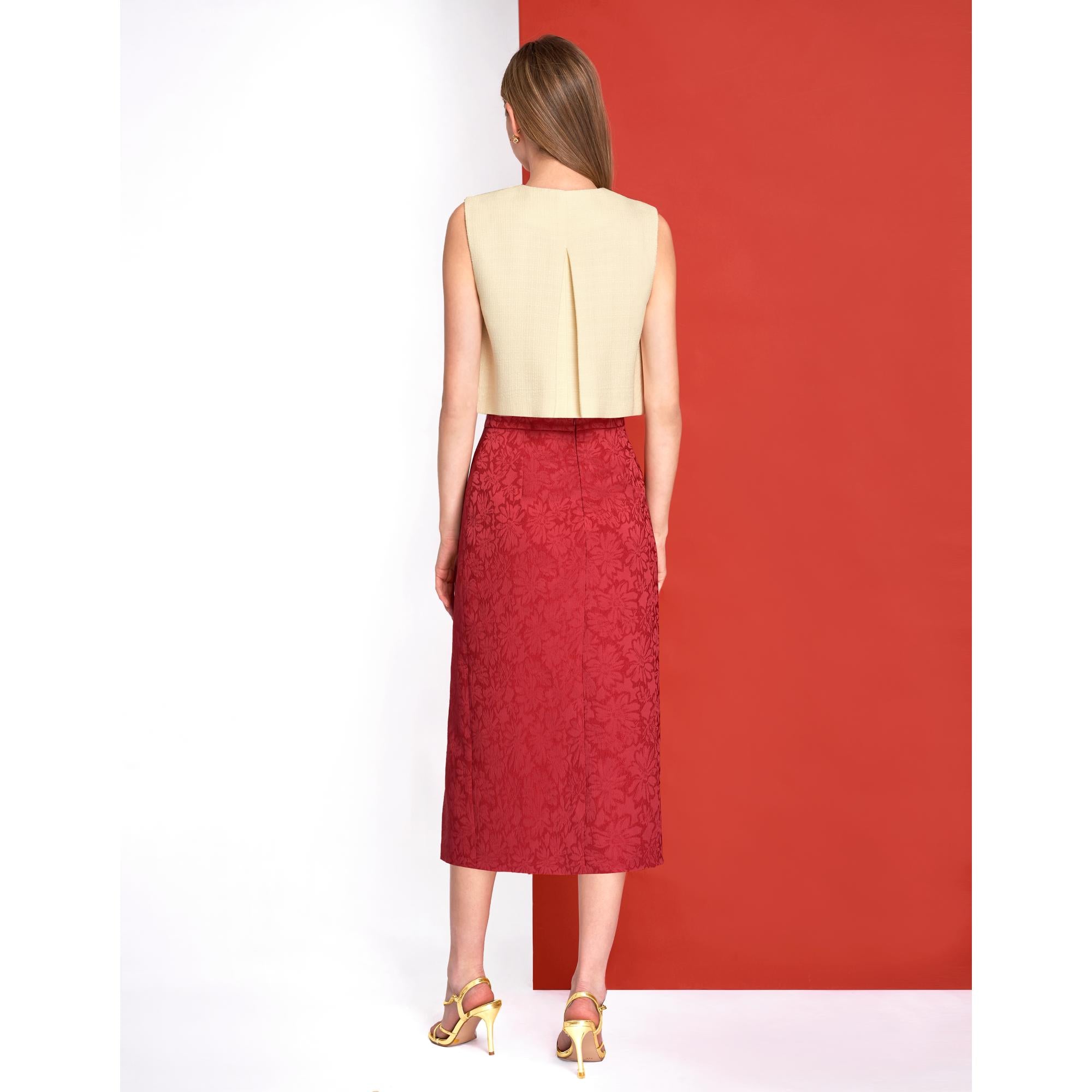 Slit Hem Jacquard Midi Skirt - Red