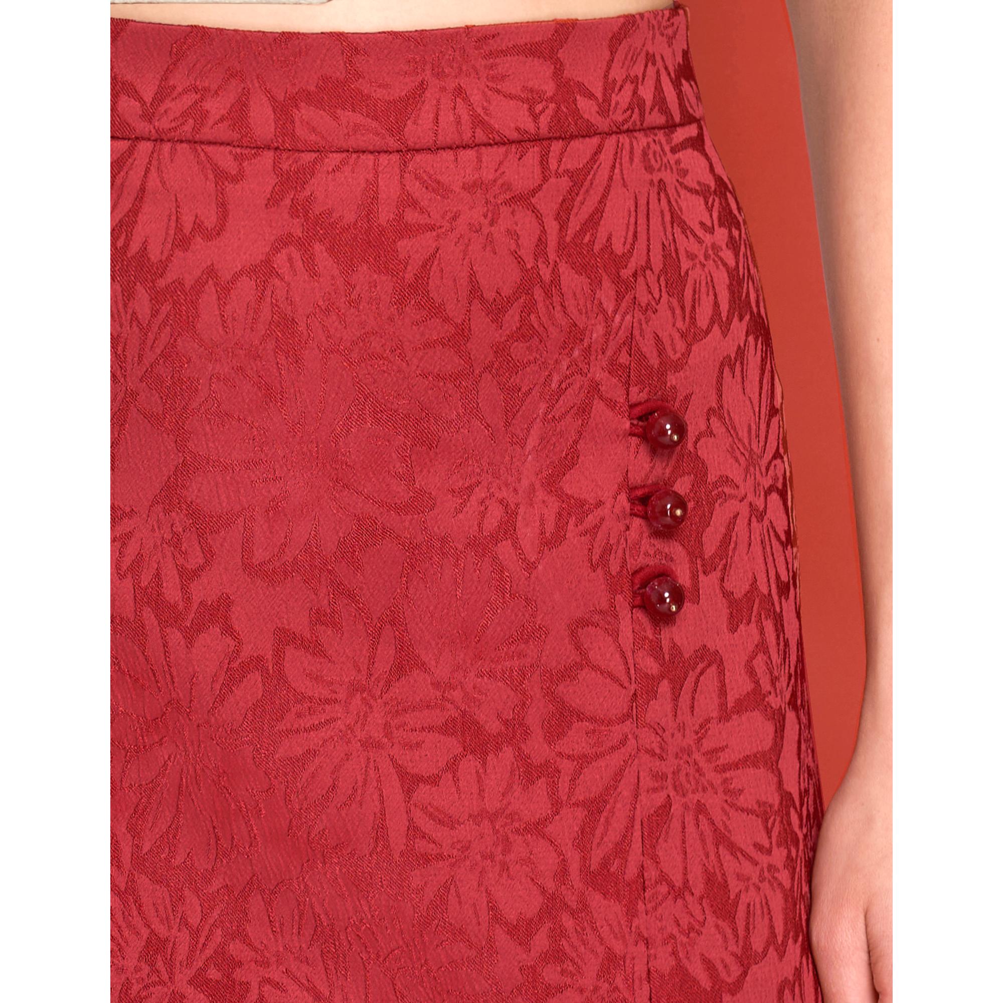 Slit Hem Jacquard Midi Skirt - Red