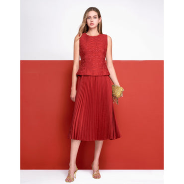 Pleated Skirt Embroidered Midi Dress - Red