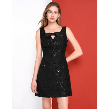 V-neck Bow Detail Sequined Tweed Dress - Black