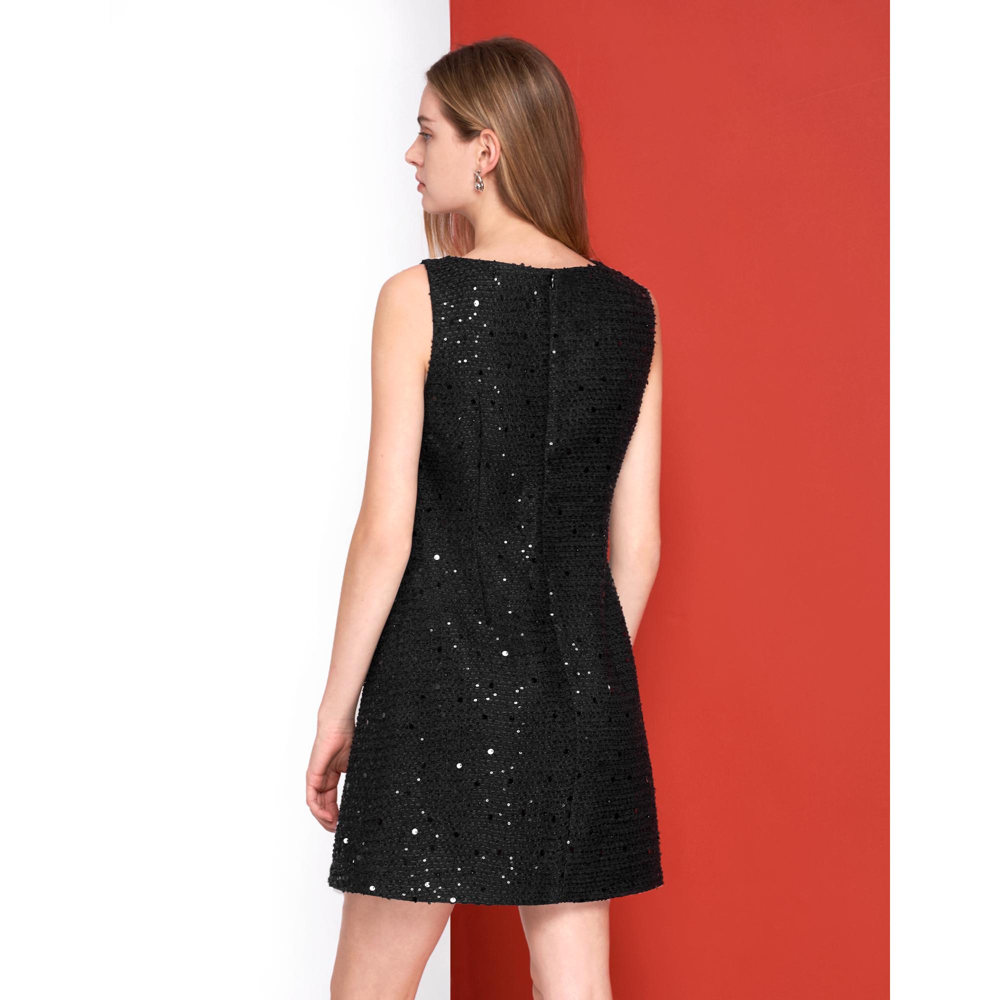 V-neck Bow Detail Sequined Tweed Dress - Black