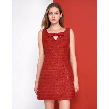 V-neck Bow Detail Sequined Tweed Dress - Dark Red