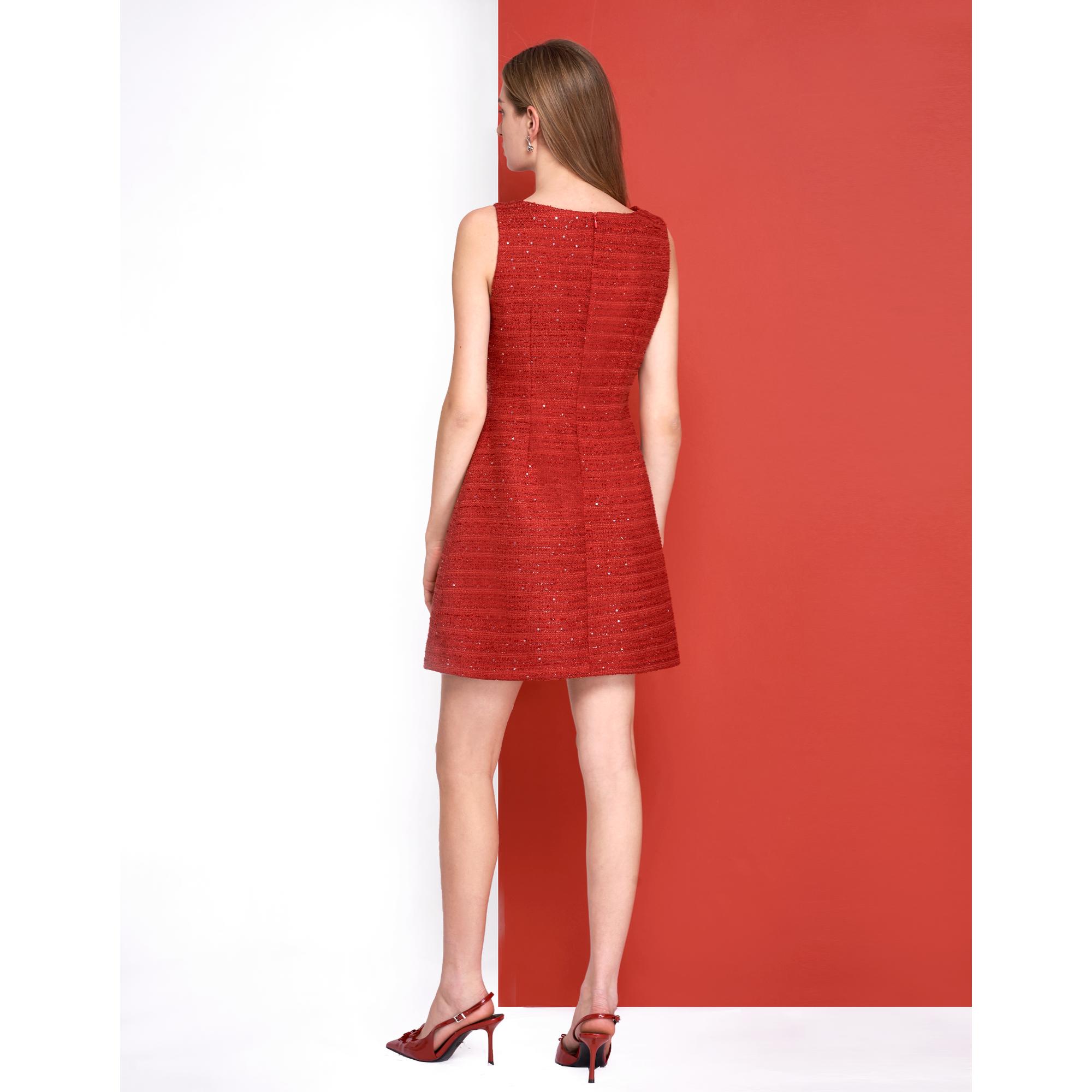 V-neck Bow Detail Sequined Tweed Dress - Dark Red