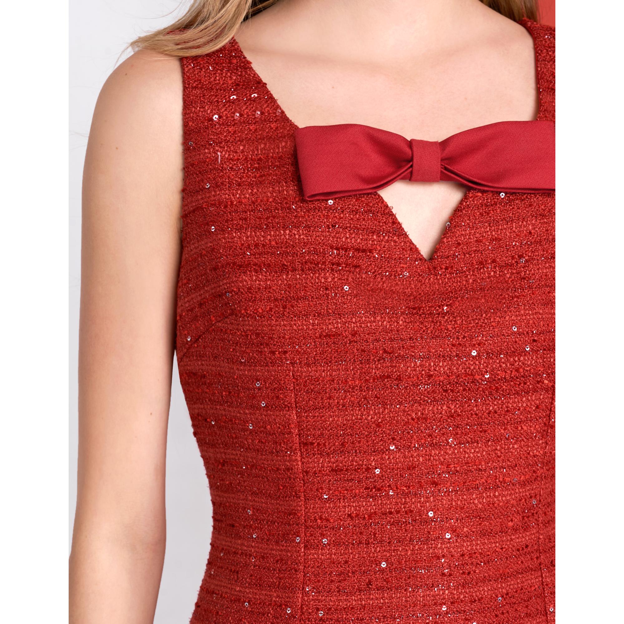 V-neck Bow Detail Sequined Tweed Dress - Dark Red