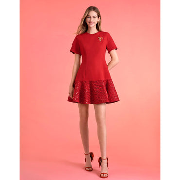 Sequined Ruffled Hem Short Sleeve Dress - Red