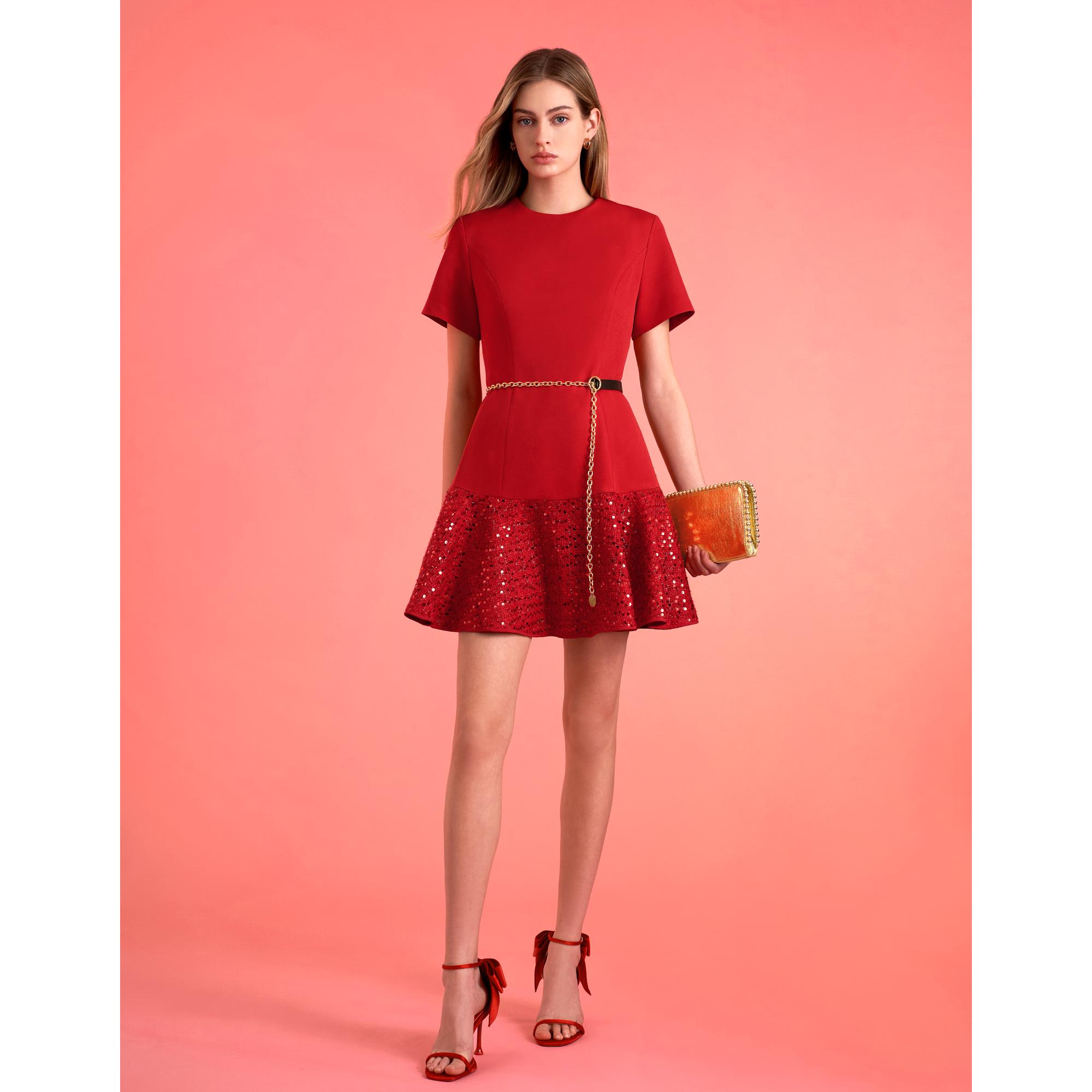 Sequined Ruffled Hem Short Sleeve Dress - Red
