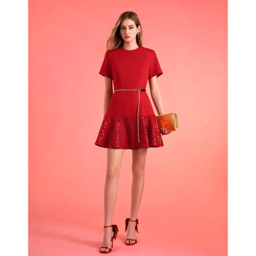 Sequined Ruffled Hem Short Sleeve Dress - Red