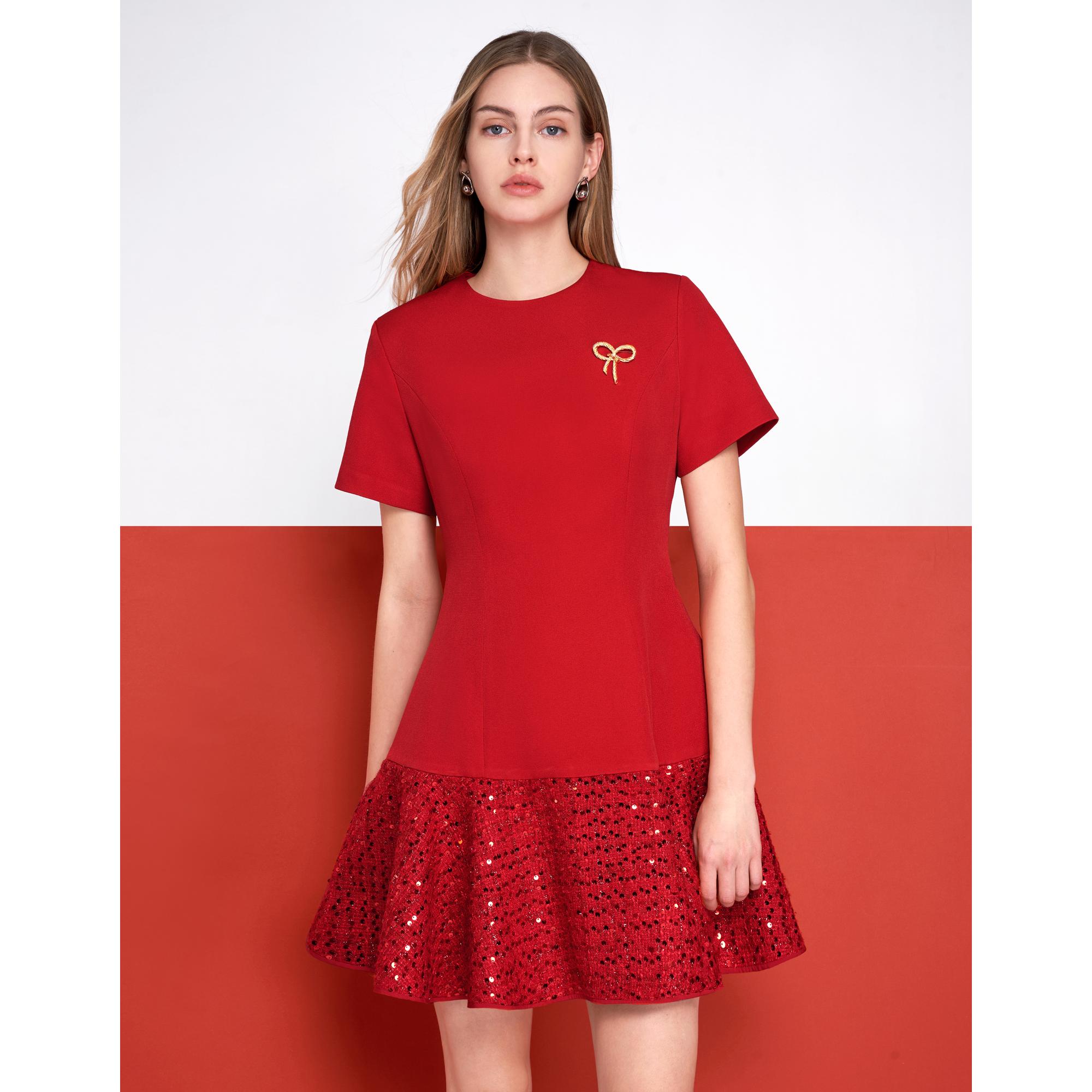 Sequined Ruffled Hem Short Sleeve Dress - Red