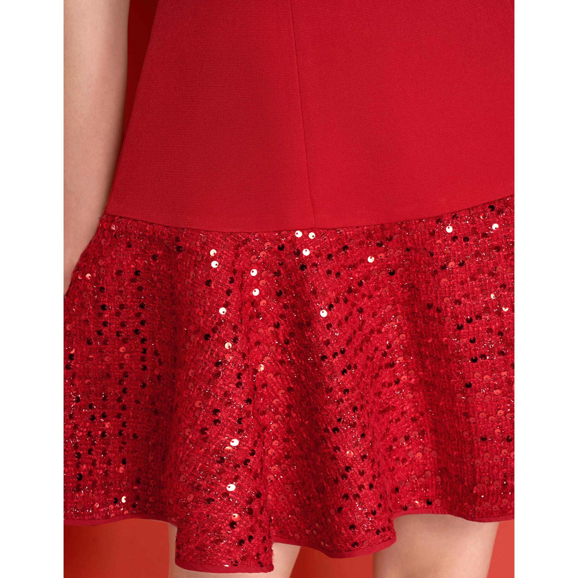Sequined Ruffled Hem Short Sleeve Dress - Red