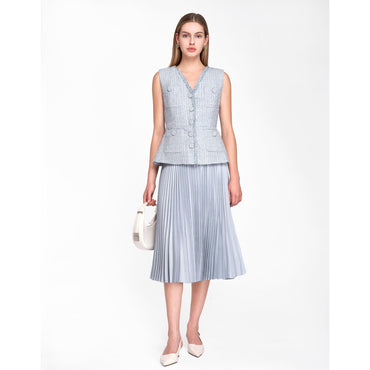 Faux Two-piece Pleated Hem Tweed Dress - Light Blue