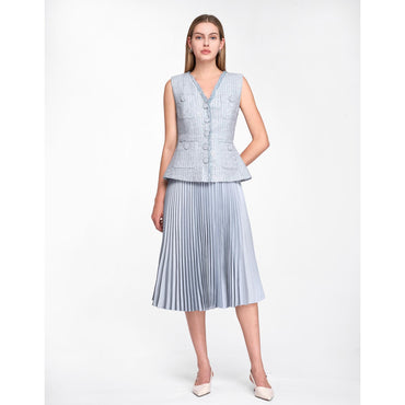 Faux Two-piece Pleated Hem Tweed Dress - Light Blue