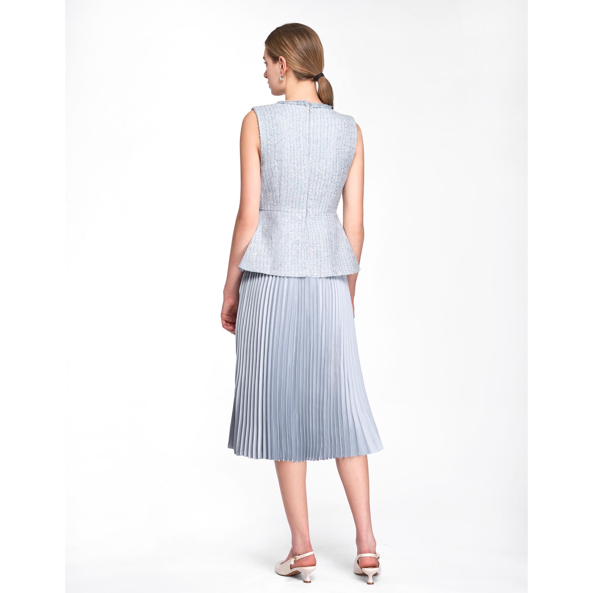 Faux Two-piece Pleated Hem Tweed Dress - Light Blue