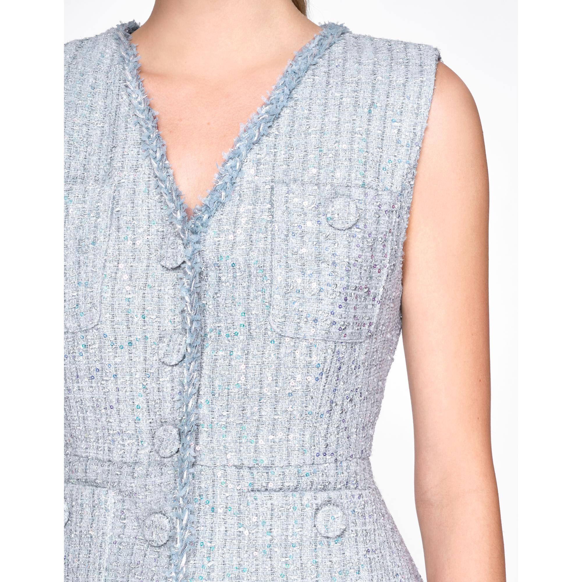 Faux Two-piece Pleated Hem Tweed Dress - Light Blue