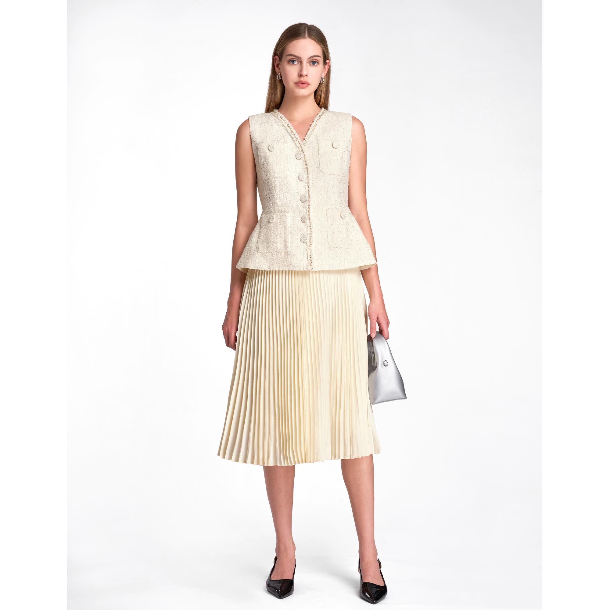 Faux Two-piece Pleated Hem Tweed Dress - Off White