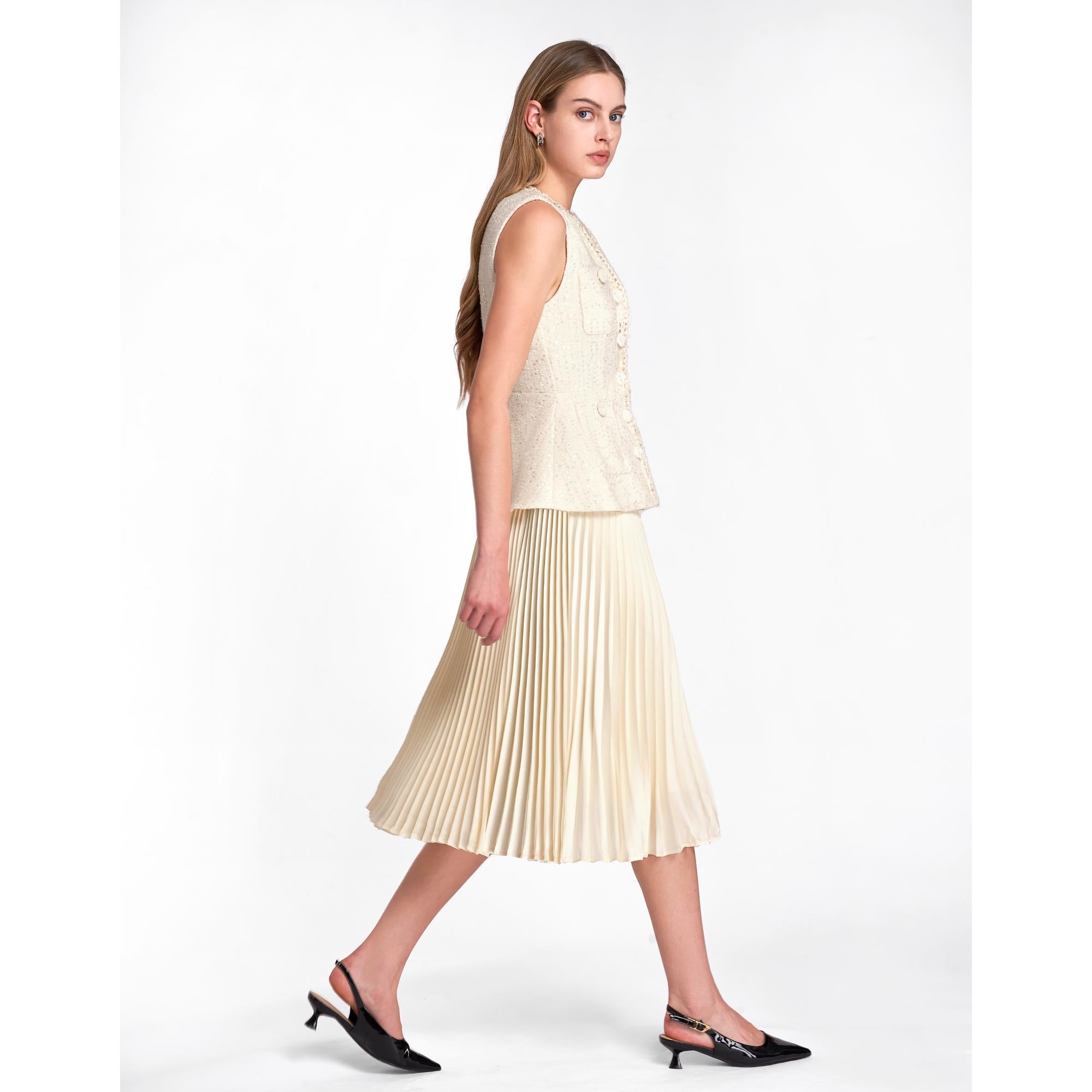 Faux Two-piece Pleated Hem Tweed Dress - Off White