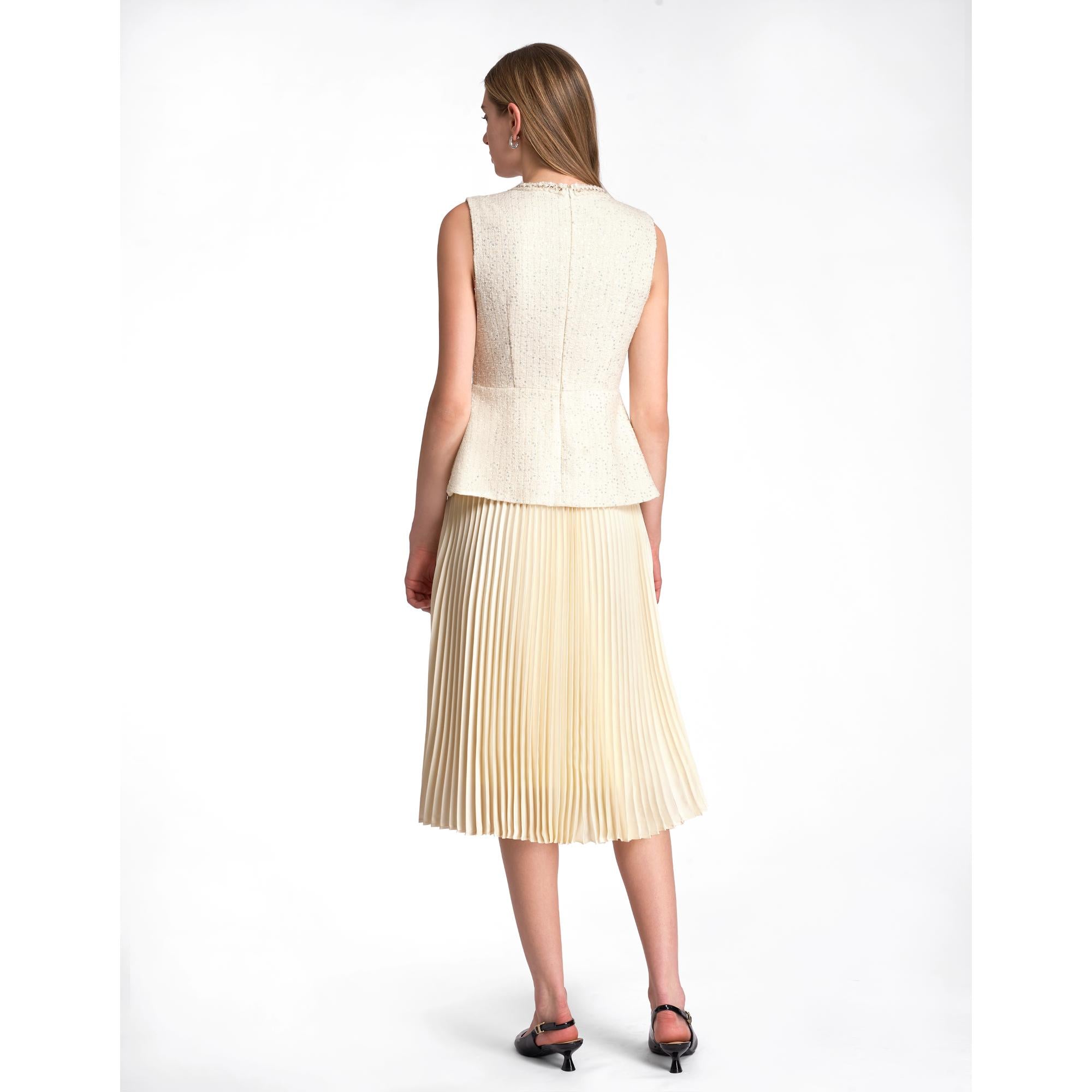Faux Two-piece Pleated Hem Tweed Dress - Off White