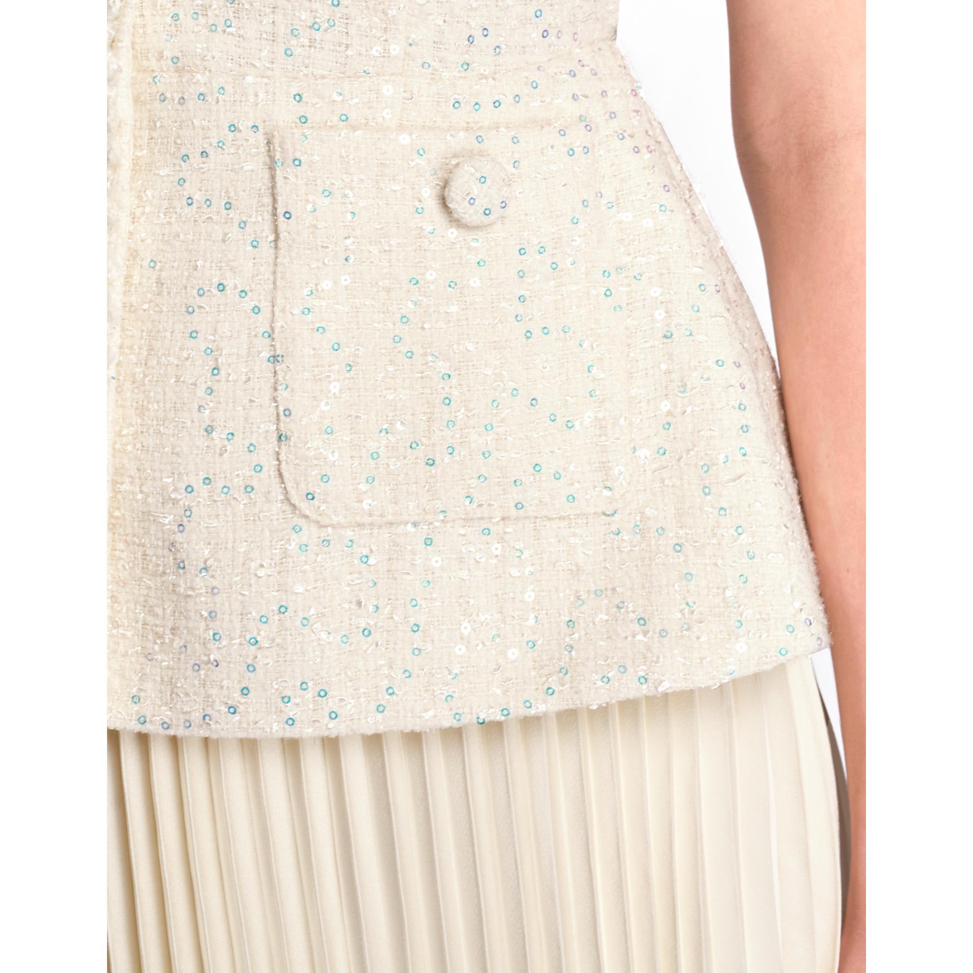 Faux Two-piece Pleated Hem Tweed Dress - Off White