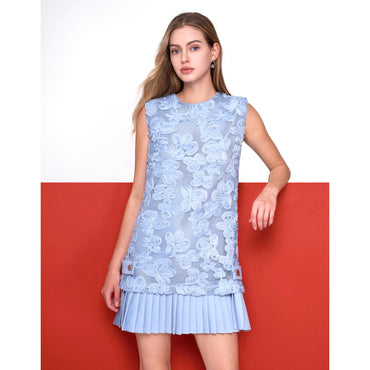 Pleated Hem Short Lace Dress - Light Blue