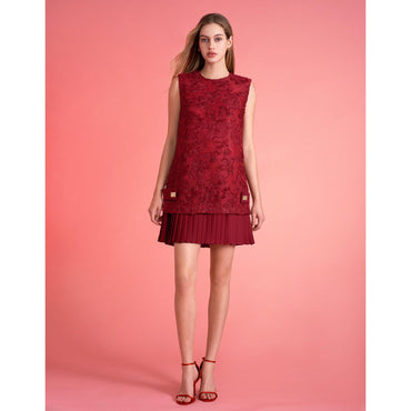 Pleated Hem Short Lace Dress - Red