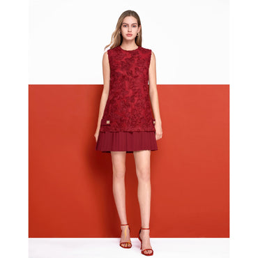 Pleated Hem Short Lace Dress - Red