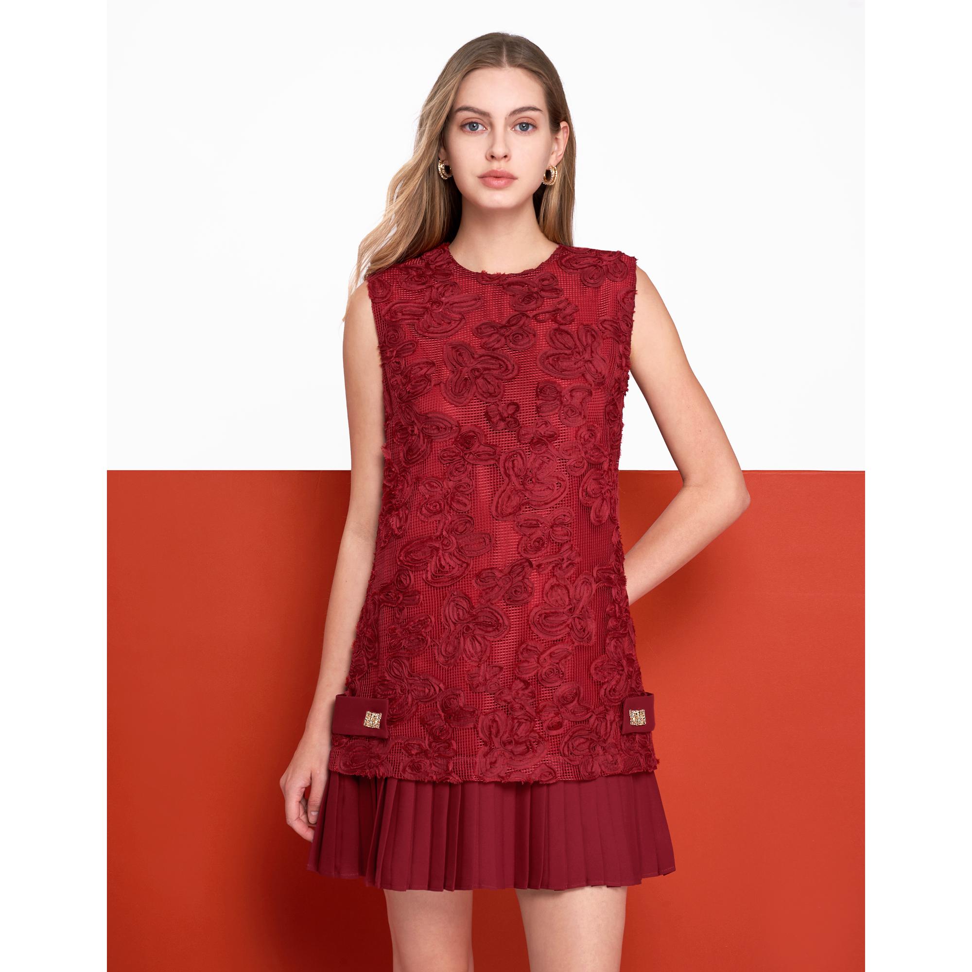 Pleated Hem Short Lace Dress - Red