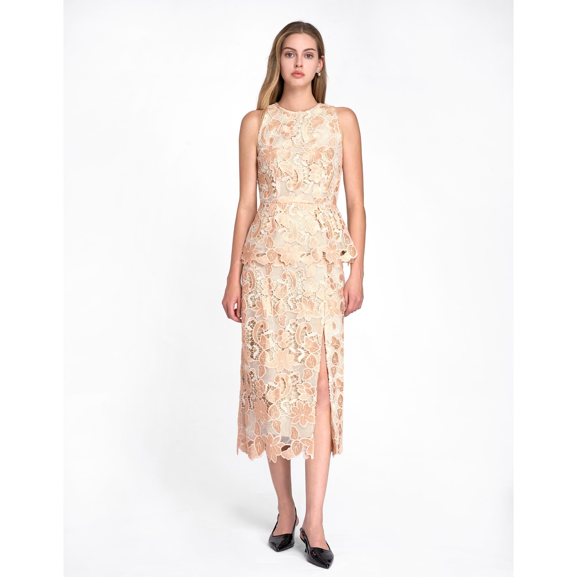 Raw Hem Side Slit Midi Skirt - Champagne