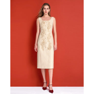Square Neck 3D Lace Midi Dress - Champagne