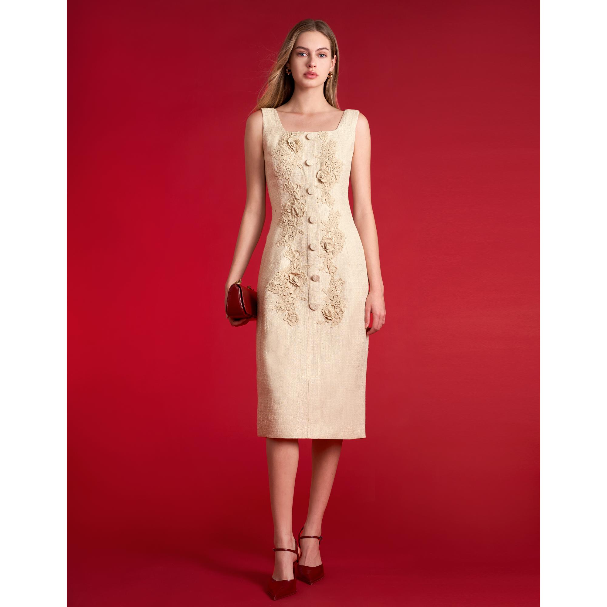 Square Neck 3D Lace Midi Dress - Champagne