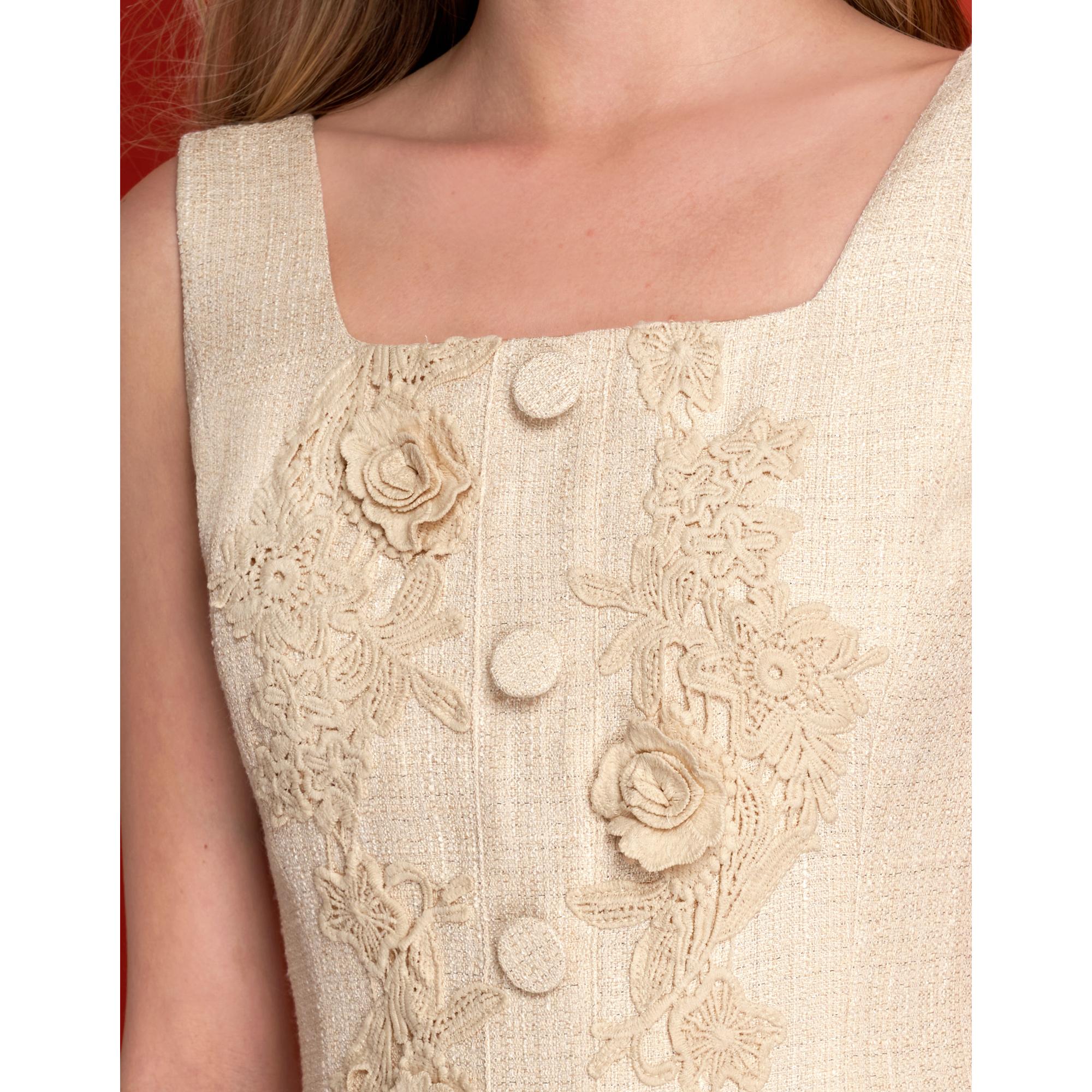 Square Neck 3D Lace Midi Dress - Champagne