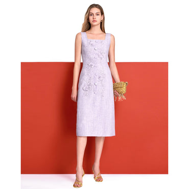 Square Neck 3D Lace Midi Dress - Purple