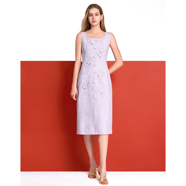 Square Neck 3D Lace Midi Dress - Purple