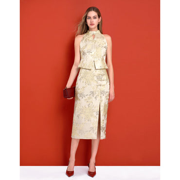 Mandarin Button Slit Hem Midi Skirt - Champagne