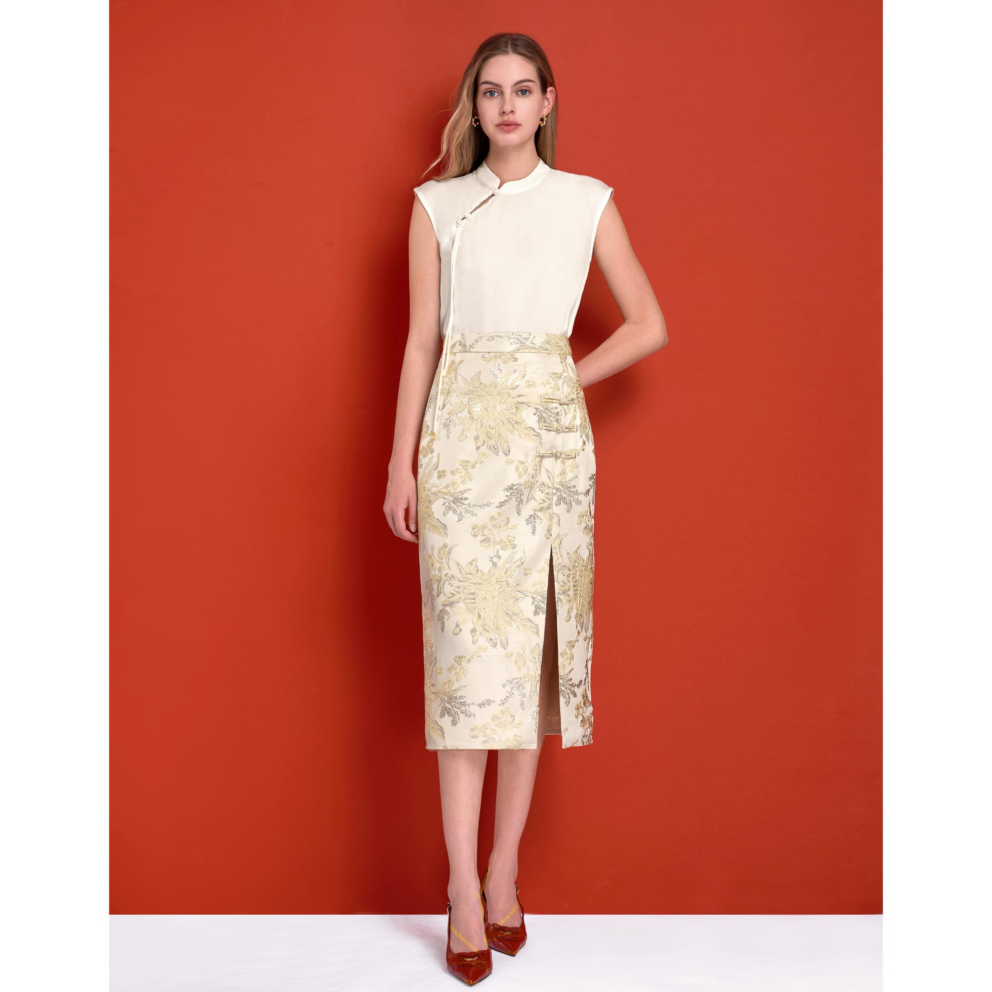 Mandarin Button Slit Hem Midi Skirt - Champagne