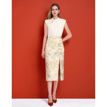 Mandarin Button Slit Hem Midi Skirt - Champagne