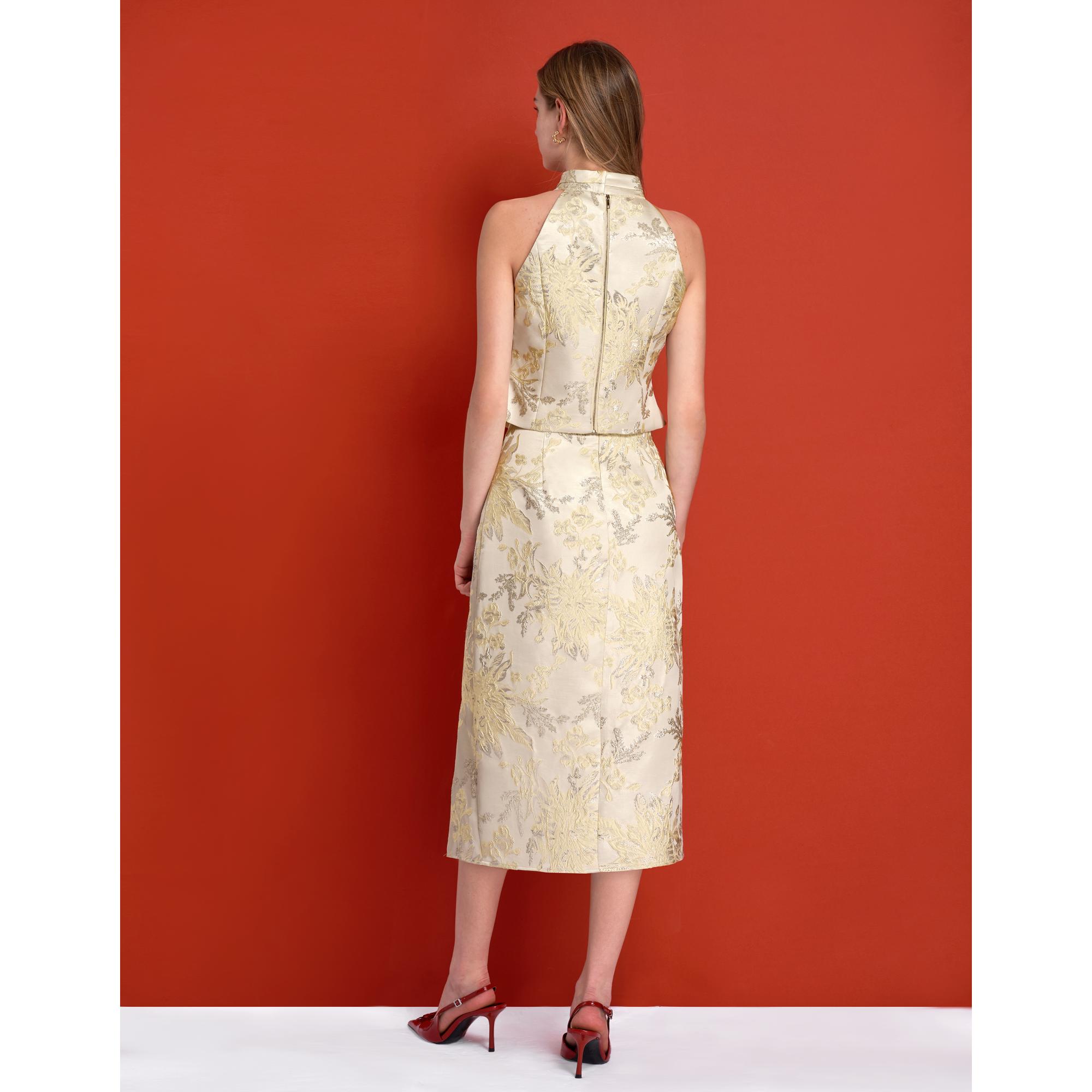 Mandarin Button Slit Hem Midi Skirt - Champagne