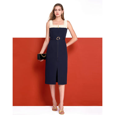 Square Neck Colorblock Midi Dress - Apricot & Navy