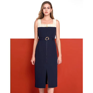 Square Neck Colorblock Midi Dress - Apricot & Navy