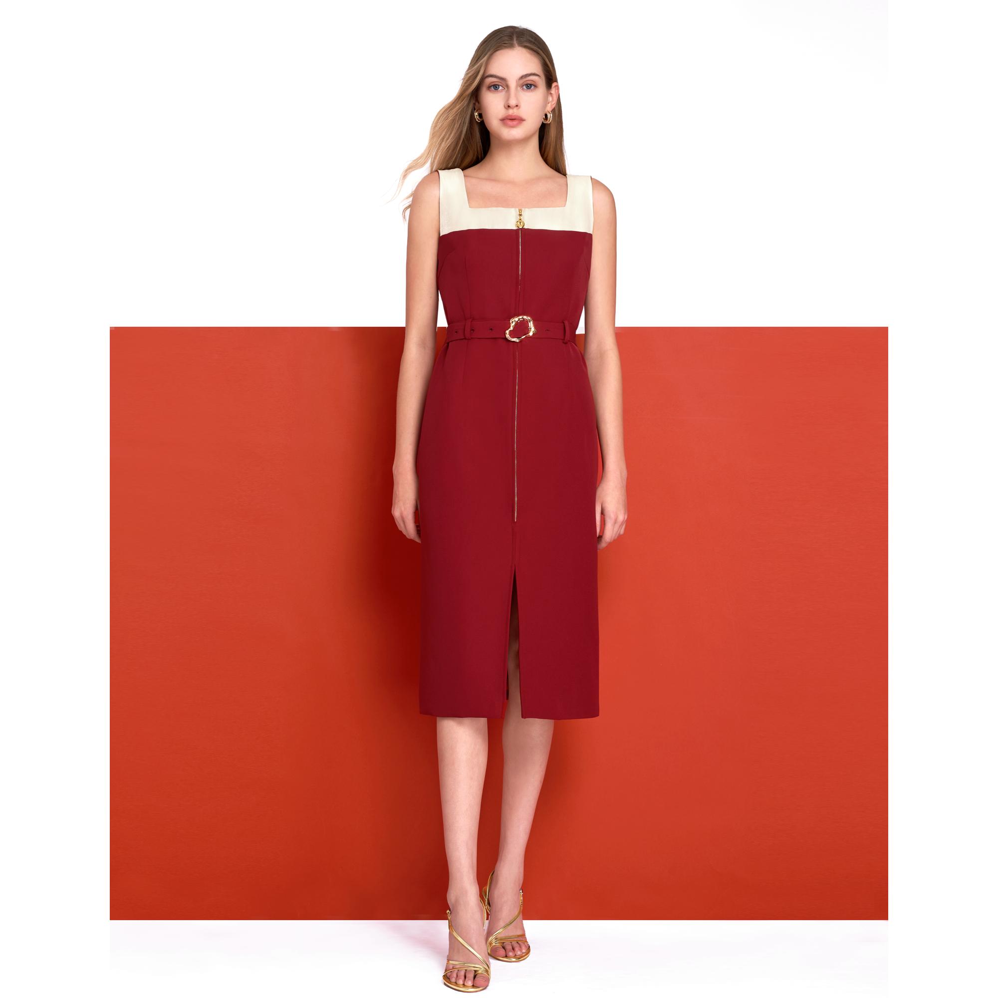 Square Neck Colorblock Midi Dress - Apricot & Red